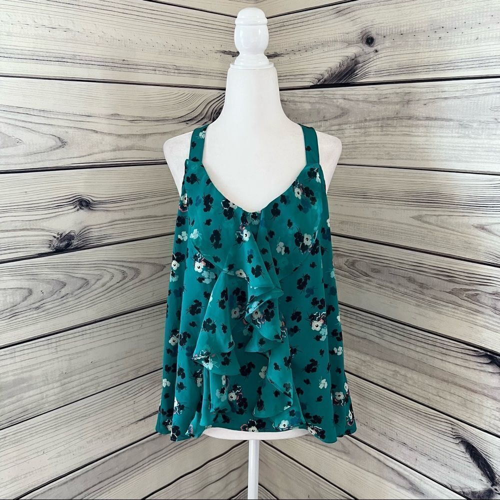 Lc Lauren Conrad Teal Floral Ruffle Lace Cutout Back Tank Small